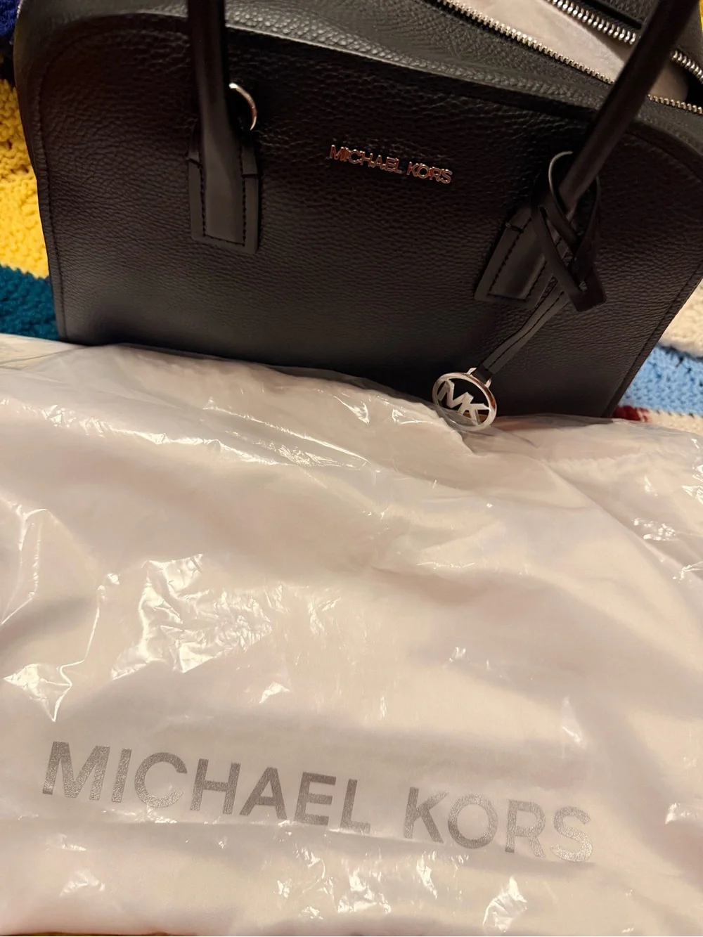 MICHAEL KORS Black Pebbled Leather Dome Satchel with MK Charms & dust bag